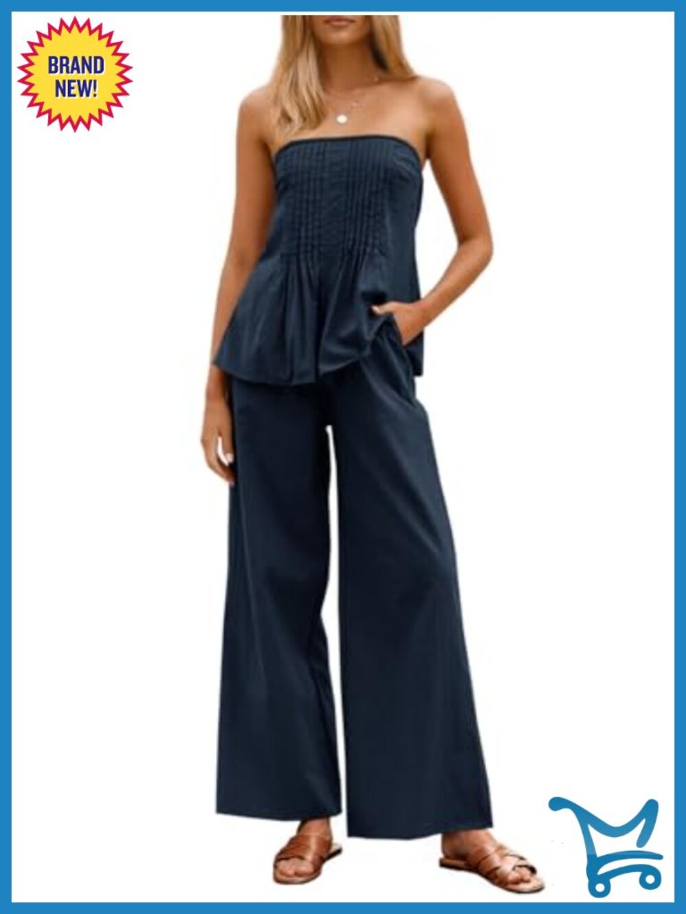 Womens 2 Piece Outfit Pleated Tube Top Wide Leg Pants Lounge Set